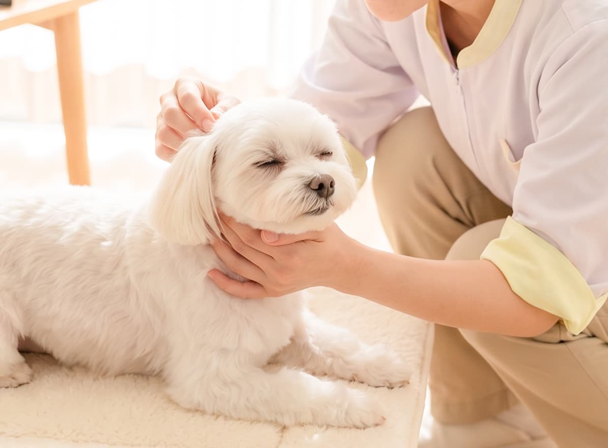 トリマーが白い小型犬の肌や被毛の状態を丁寧に確認する様子