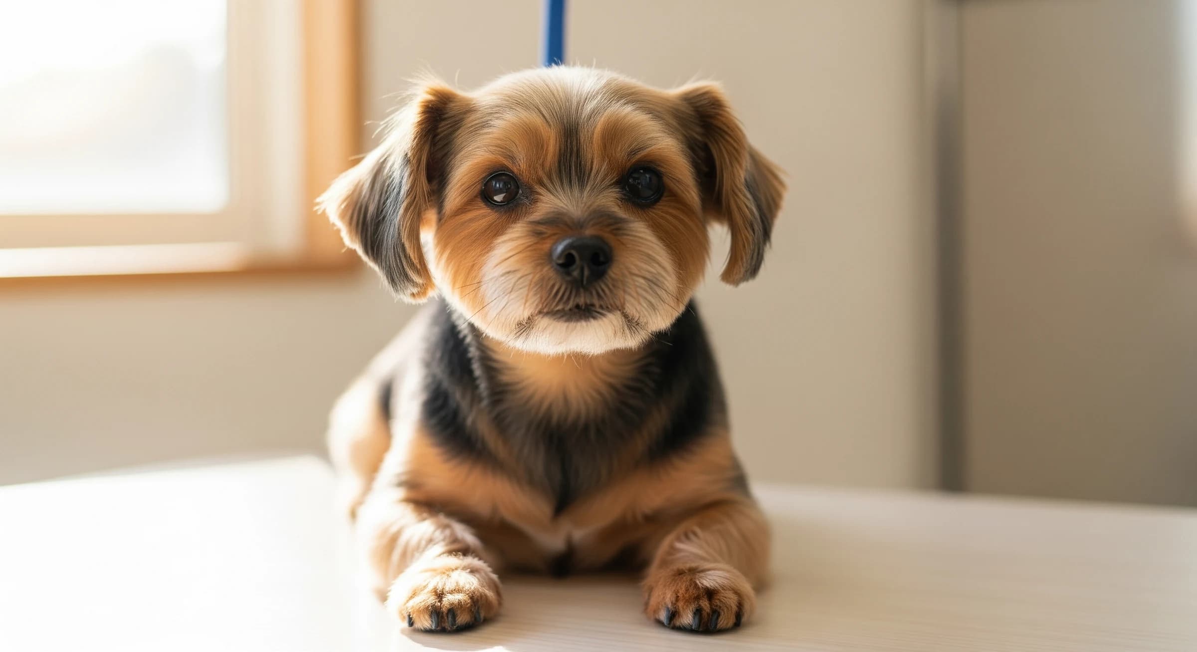 落ち着いてトリミング台に座る小型犬