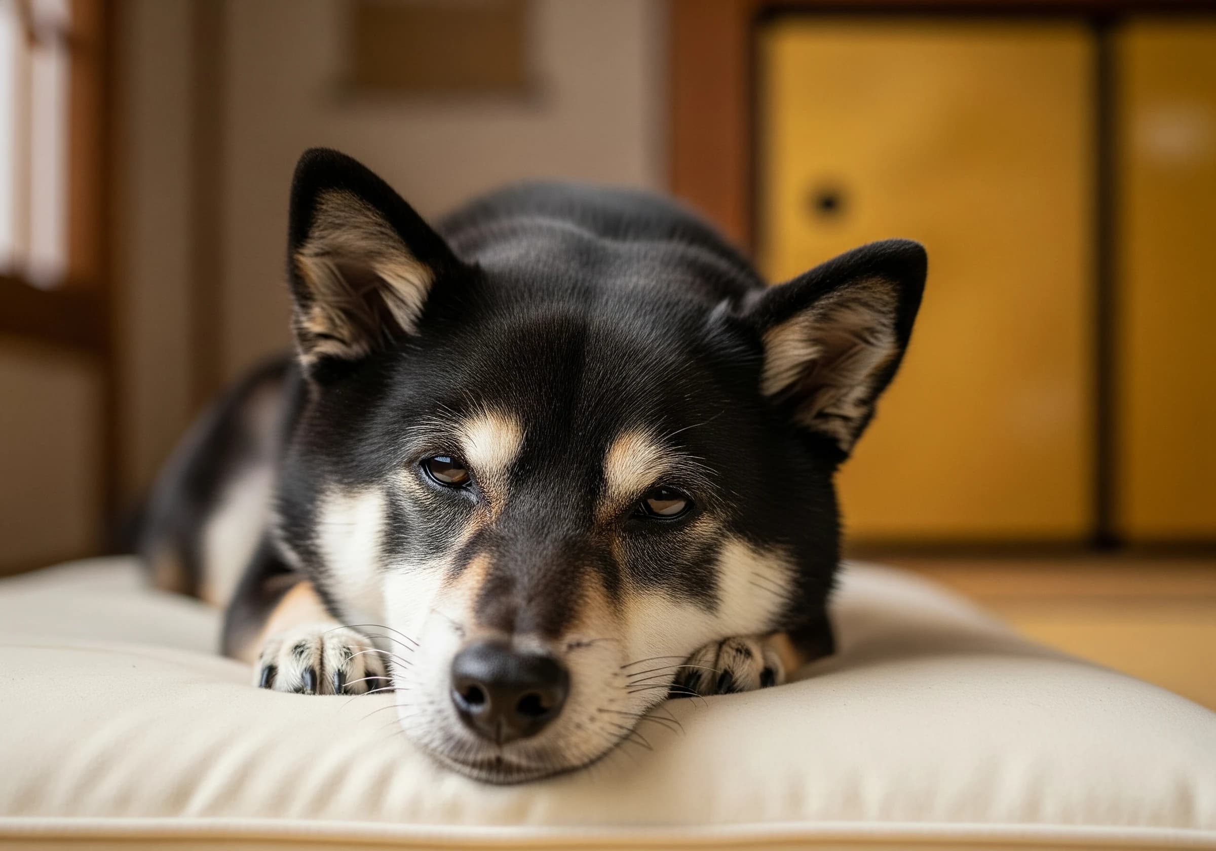 クッションに横たわって休むシニア犬